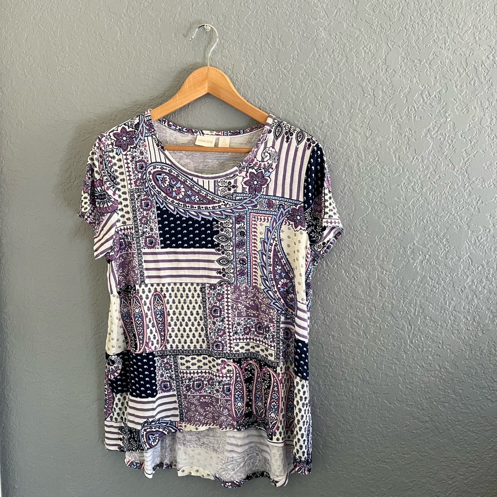 Chico’s • Short Sleeve Paisley Floral Mixed Media Blouse